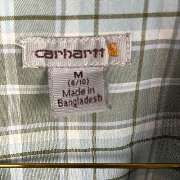 Carhartt Women’s Shirt Medium 8/10 Green Blue Plaid 3/4 Sleeves Button Up - Picture 6 of 7